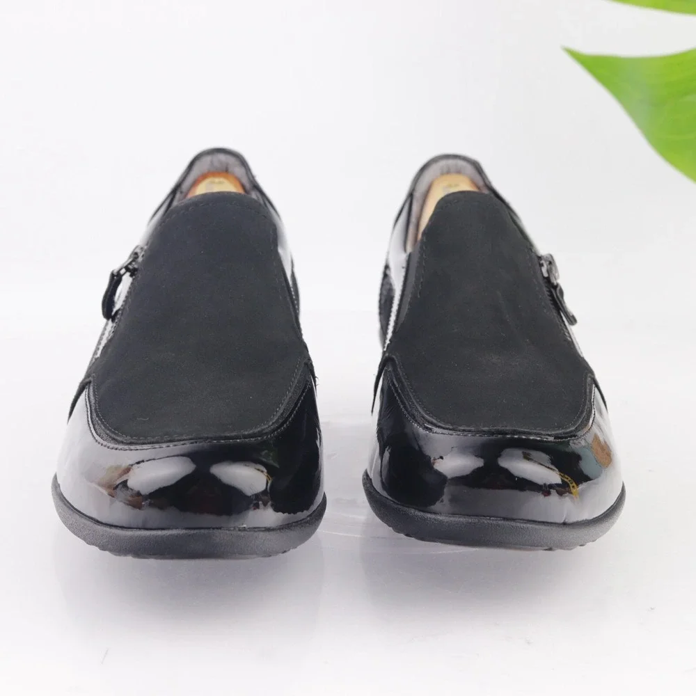 Drew Womens Padua Loafers Size 10 WIDE Black Patent Leather Comfort Shoes Wedge